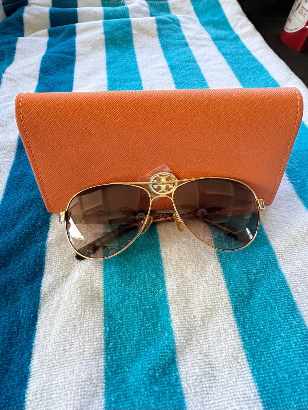 Tory Burch Gold Aviator Sunglasses with Brown Gradient Lenses and Orange Case